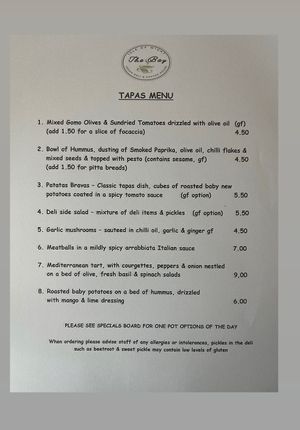 Tapas menu  at The Bay Vegan Deli Coffee House in Sandown