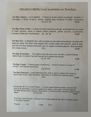 Brunch menu at The Bay Vegan Deli Coffee House in Sandown