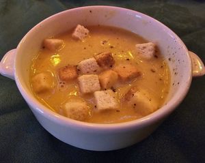 Butternut, parsnip, chilli, ginger & garlic soup at The Bay Vegan Deli Coffee House in Sandown