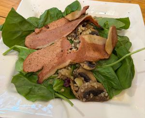 25 May 2025
Garlic mushrooms and bacon on sourdough at The Bay Vegan Deli Coffee House in Sandown