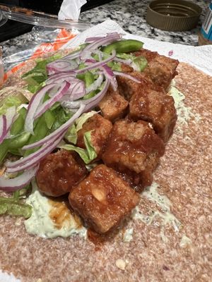 BBQ tofu with garlic sauce (I added veggies and tortilla to make a wrap!)  at Three Rivers Market in Knoxville