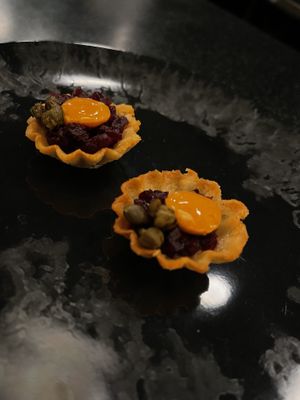 Beet Tartare Tartlet with a tomato egg top  at AV in Honolulu