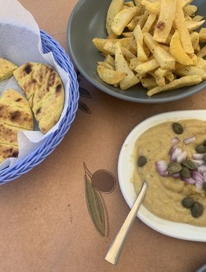 pita, fava, fries at A for Akteon in Santorini