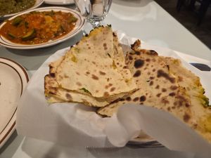 Vegetable curry and potato stuffed naan at Masala Craft in Big Bear Lake