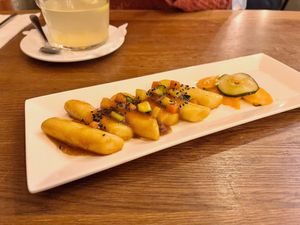 Tuck Bokki / vegan - Korean ricecake with soy pear sauce or chili sauce at ONNI in Luebeck