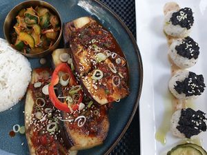 Aubergine bap and rice balls with seaweed pesto at ONNI in Luebeck