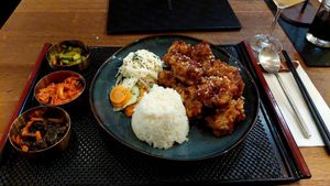 Deep Fried Cauliflower with Sweet – Spicy Sauce and 3 Banchan at ONNI in Luebeck