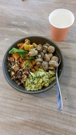 Warmed button mushrooms & mixed salad bowl at The Wholefood Kitchen in Napier