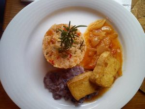 Rosemary rice, smoked tofu, confited tomato and sauce à la "hunter that didn't hunt" at Cor de Tangerina in Guimaraes