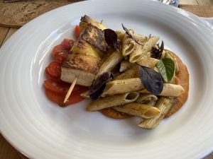 Quinoa penne pasta and pesto with smoked tofu on a lentil cream sauce  at Cor de Tangerina in Guimaraes