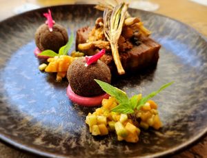 Mil-Folhas de Batata, Cantarelos e Bolota, winner of best vegan dish in Portugal’s Seven Wonders of New Gastronomy. at Cor de Tangerina in Guimaraes