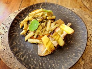 Quinoa penne with tofu and pineapple. at Cor de Tangerina in Guimaraes