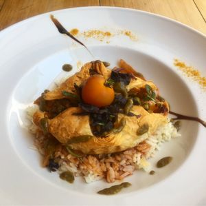 Vegetable and mushroom pie with tomato rice  at Cor de Tangerina in Guimaraes