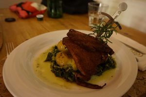 Baked seitan and potatoes and spinach at Cor de Tangerina in Guimaraes