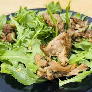 Sautéed (Lions Mane) Mushroom steaks on a bed of arugula. Delicious ✨ at Julia's Vegetarian Restaurant in Pacific Grove