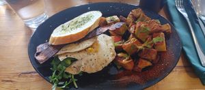 Breakfast sandwhich with tempe and vegan egg at Julia's Vegetarian Restaurant in Pacific Grove