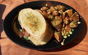 Fried “egg” sandwich with paprika potatoes. at Julia's Vegetarian Restaurant in Pacific Grove