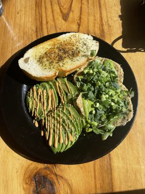 Avocado and toast breakfast plate w/ the vegan eggs  at Julia's Vegetarian Restaurant in Pacific Grove