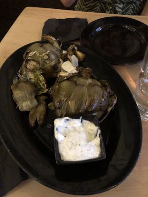 Artichoke with vegan aoli!  at Julia's Vegetarian Restaurant in Pacific Grove