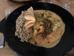 Yellow coconut curry - vegan!  at Julia's Vegetarian Restaurant in Pacific Grove