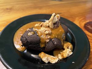 Brownie with mushroom candycap sauce   at Julia's Vegetarian Restaurant in Pacific Grove