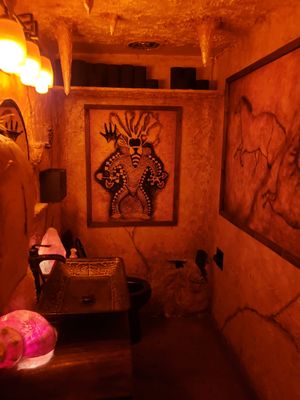 Cool tiki bathroom at Julia's Vegetarian Restaurant in Pacific Grove