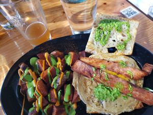 Fried egg with tempeh bacon and paprika potatoes at Julia's Vegetarian Restaurant in Pacific Grove