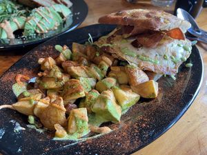 Fried “Egg” Sandwich with Paprika Potatoes   at Julia's Vegetarian Restaurant in Pacific Grove