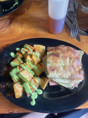 Fried egg sandwich with vegan egg  at Julia's Vegetarian Restaurant in Pacific Grove