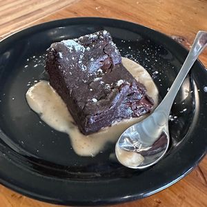 Brownie with Candy Cap mushroom saucee  at Julia's Vegetarian Restaurant in Pacific Grove