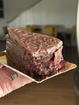 Chocolate cake with raspberry   at Julia's Vegetarian Restaurant in Pacific Grove