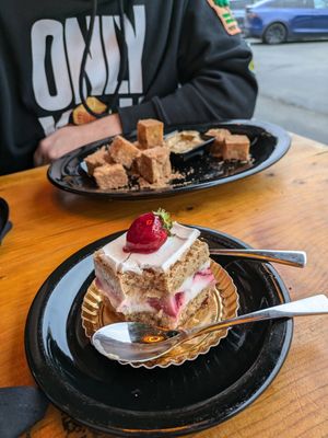 Vegan strawberry vanilla cake and vegan donuts at Julia's Vegetarian Restaurant in Pacific Grove