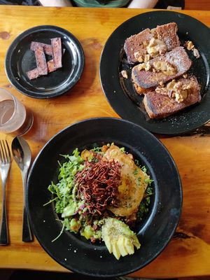 French toast and Cordycep bowl  at Julia's Vegetarian Restaurant in Pacific Grove