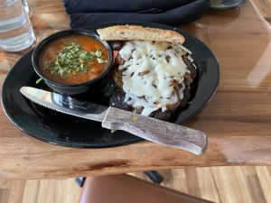 Lions mane burger with mushroom and mozzarella (not vegan) for my husband  at Julia's Vegetarian Restaurant in Pacific Grove