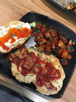 Fried egg sandwich (I’ve drenched in ketchup and hot sauce) at Julia's Vegetarian Restaurant in Pacific Grove