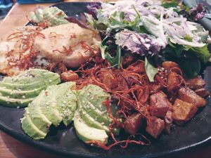 Vegan arepa with cordyceps mushrooms- super yum! at Julia's Vegetarian Restaurant in Pacific Grove