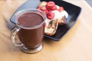 Vegan french toast and our special hot chocolate with candy cap caramel sauce at Julia's Vegetarian Restaurant in Pacific Grove