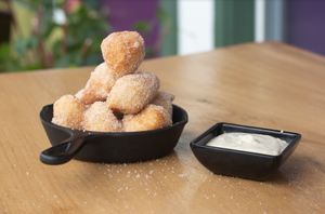 Vegan donuts with candy cap caramel sauce at Julia's Vegetarian Restaurant in Pacific Grove