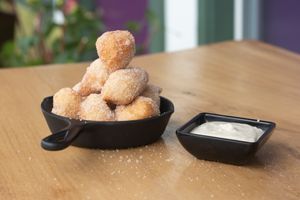 Vegan! Donuts with candy cap caramel dipping sauce at Julia's Vegetarian Restaurant in Pacific Grove