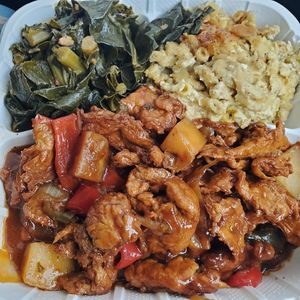 Kush BBQ Ribs 
Baked Mac & Chrese
Collard Greens at The Land of Kush in Baltimore