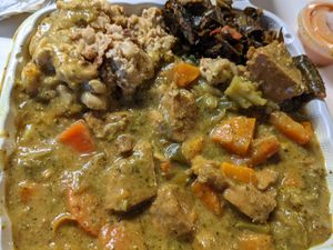 Combo plate - collards, Mac & cheese, chickn curry at The Land of Kush in Baltimore
