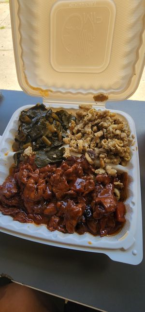 Ribs, Mac n cheese, Greens at The Land of Kush in Baltimore