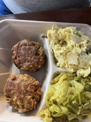 The curried cabbage was really good. The potato salad had a good flavor, the crab cake was just ok.   at The Land of Kush in Baltimore