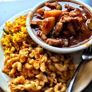 BBQ ribs with mac and cheese and rice and vegetable medley.  at The Land of Kush in Baltimore