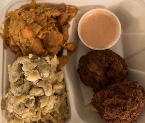 lentil patties, mac, and yams  at The Land of Kush in Baltimore