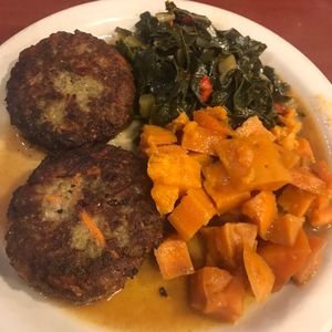 crab cakes, greens & yam at The Land of Kush in Baltimore
