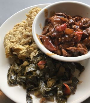 BBQ “Ribs,” Mac and cheese and collards! All vegan. at The Land of Kush in Baltimore