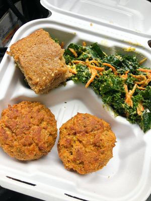 vegan crab cakes, live kale salad, cornbread  at The Land of Kush in Baltimore