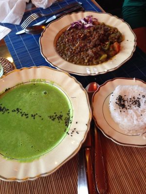 Spinach soup and Indian Dal.  at Prana Bar Natural in El Chalten