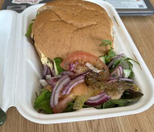 Hummus & roast pepper roll with salad  at The Town Hall in Hebden Bridge
